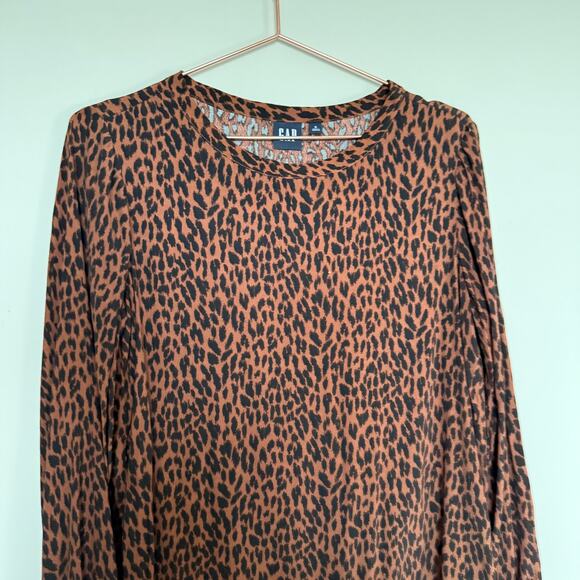 GAP Womens Flounce Hem Dress Small Brown Animal Print Long Sleeve Old Money - Picture 3 of 8